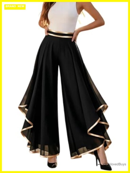 Pants - Chiffon Flowy Wide Leg Dress Pants Gold Trim High Waisted Business Trousers